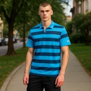 Adidas Golf Polo Shirt Mens Large Blue Striped Short Sleeve Activewear